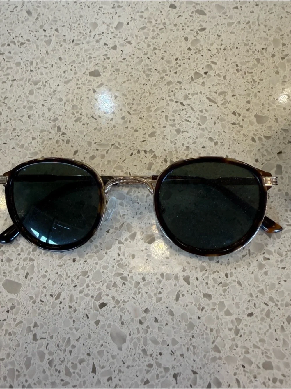 Vintage Round Sunglasses with Case - Brown Tortoise Frames, Dark Green Lenses
